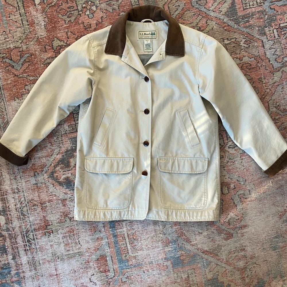 L.L. Bean Tan Barn Jacket with Dark Brown Collar - Women’s Large
